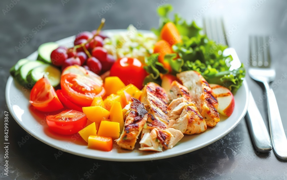 Balanced nutrition shown with a colorful plate of vegetables, fruits, and lean proteins Balanced nutrition shown with a colorful plate of vegetables, fruits, and lean proteins