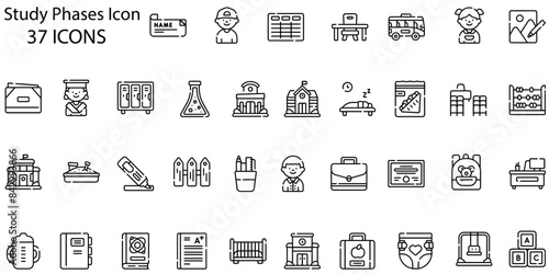 Set of 37 study phases line icons. Outline icon collection. Editable stroke. Vector illustration