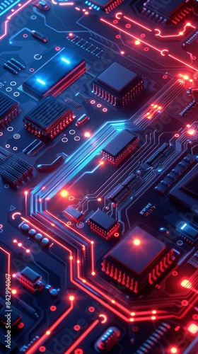 A close up of a circuit board with a blue and red glow