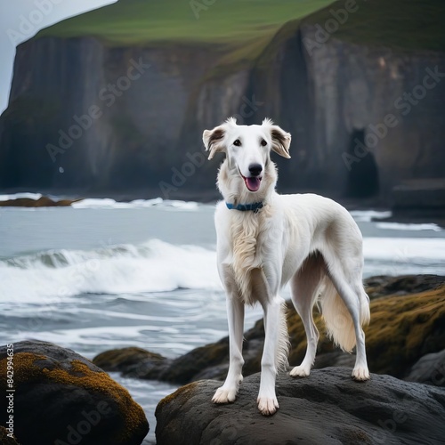 A cool Borzoi standing proudly on a rocky shoreline with dramatic cliffs and crashing waves