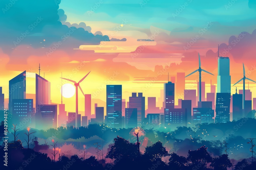 Fototapeta premium Clean energy depicted by a bright, pollutionfree skyline with solar and wind power