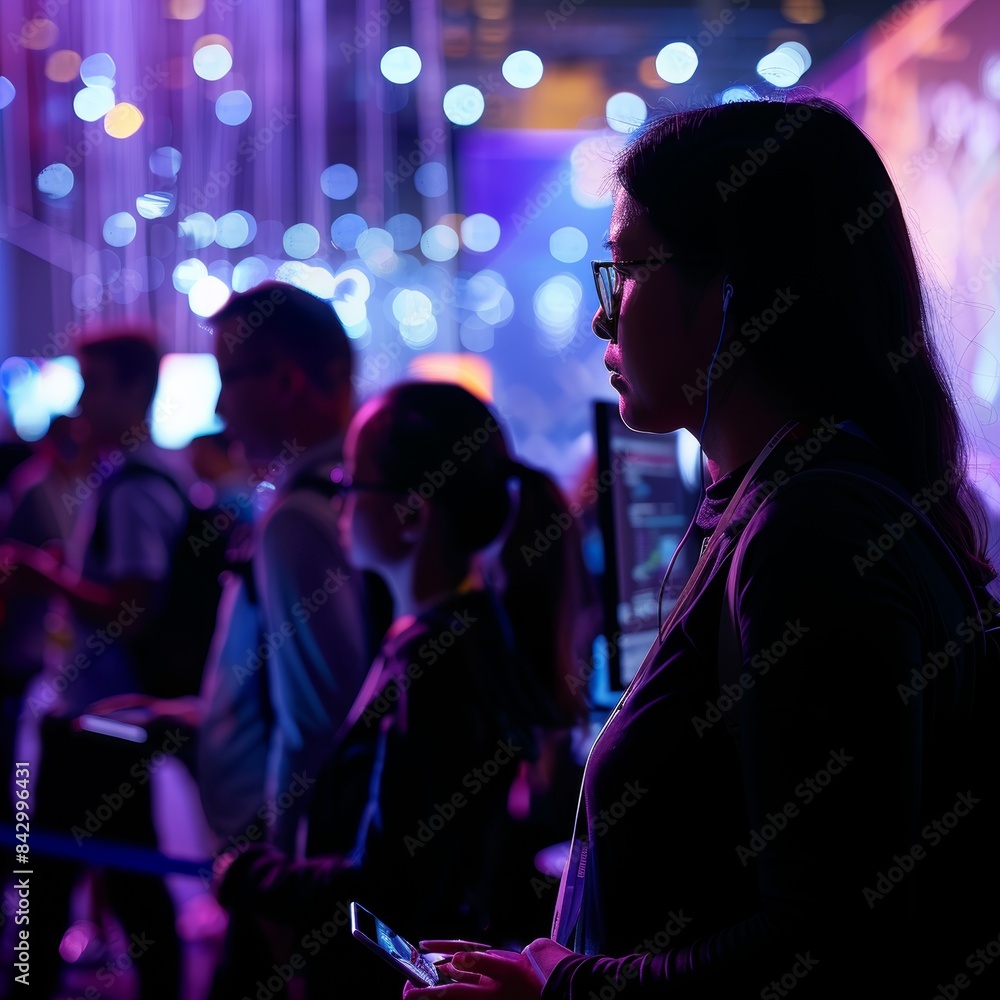 People enjoying a vibrant nighttime event with colorful lights and silhouettes in the foreground People enjoying a vibrant nighttime event with colorful lights and silhouettes in the foreground