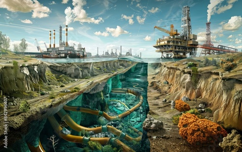 Fossil fuels represented by oil rigs, coal mines, and pipelines contributing to pollution photo