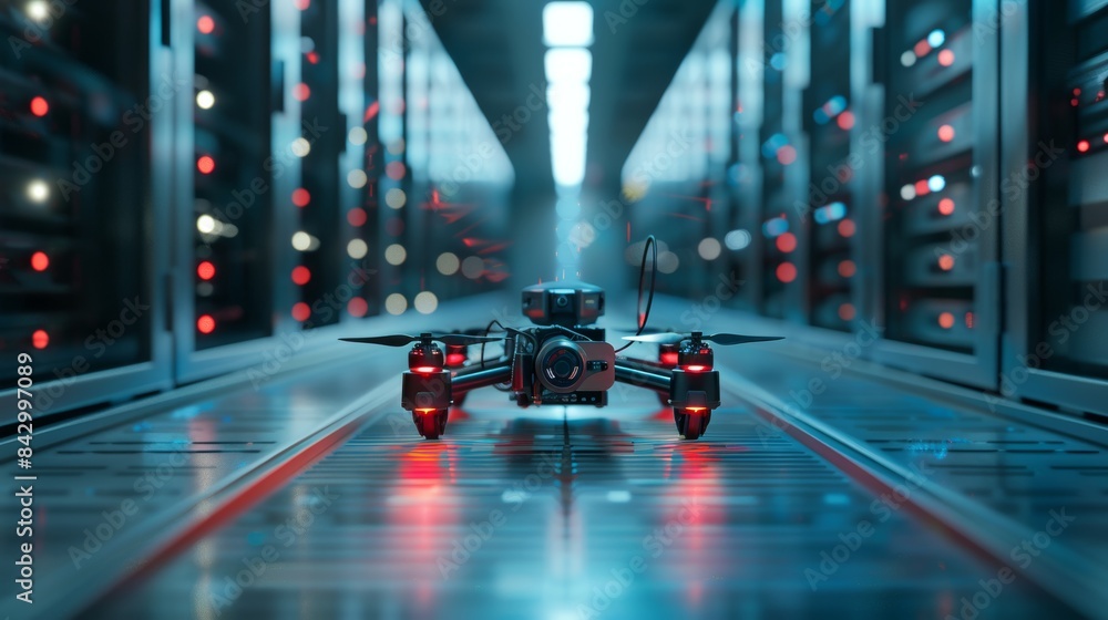 Adorable drone on wheels navigating server room in an incredibly realistic image Adorable drone on wheels navigating server room in an incredibly realistic image