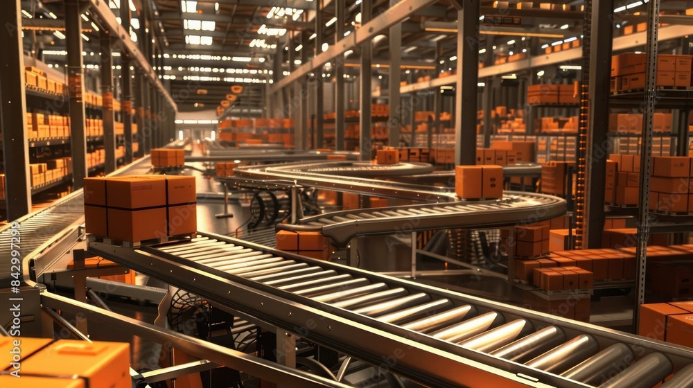 Material handling depicted by automated systems moving and sorting goods in a warehouse