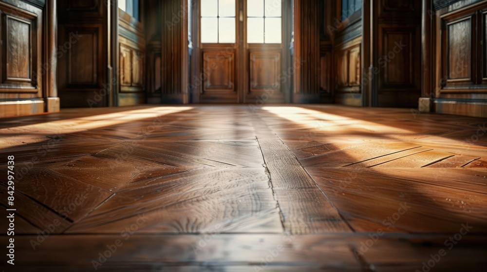 Bare wooden floor up close and the ceiling and doors of a room reflecting light Bare wooden floor up close and the ceiling and doors of a room reflecting light