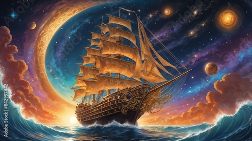 A majestic sailing ship navigating through a fantastical seascape with cosmic elements, including planets and stars, blending the realms of sea and space