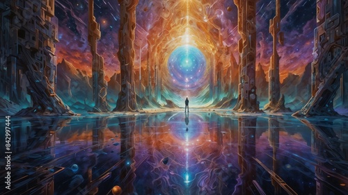 A lone figure stands before a surreal, cosmic gateway with towering structures, vibrant colors, and a reflection on a serene surface, evoking a sense of awe and exploration