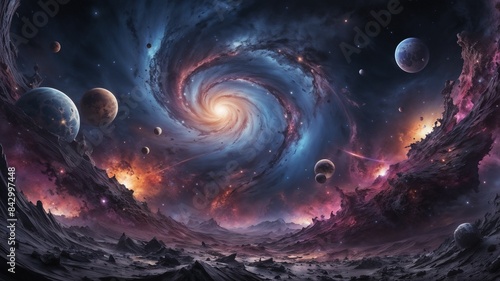 A mesmerizing depiction of a cosmic landscape with swirling galaxies, multiple planets, and vibrant nebulas in the background