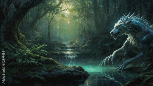A mystical creature stands by a serene forest stream, surrounded by lush vegetation and dappled sunlight, creating an enchanting and magical scene