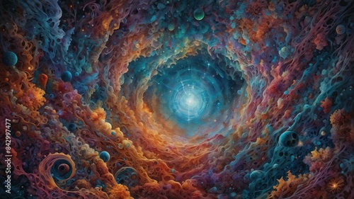 A stunning, colorful depiction of a cosmic vortex, blending vibrant nebulae, stars, and abstract forms into a mesmerizing celestial scene