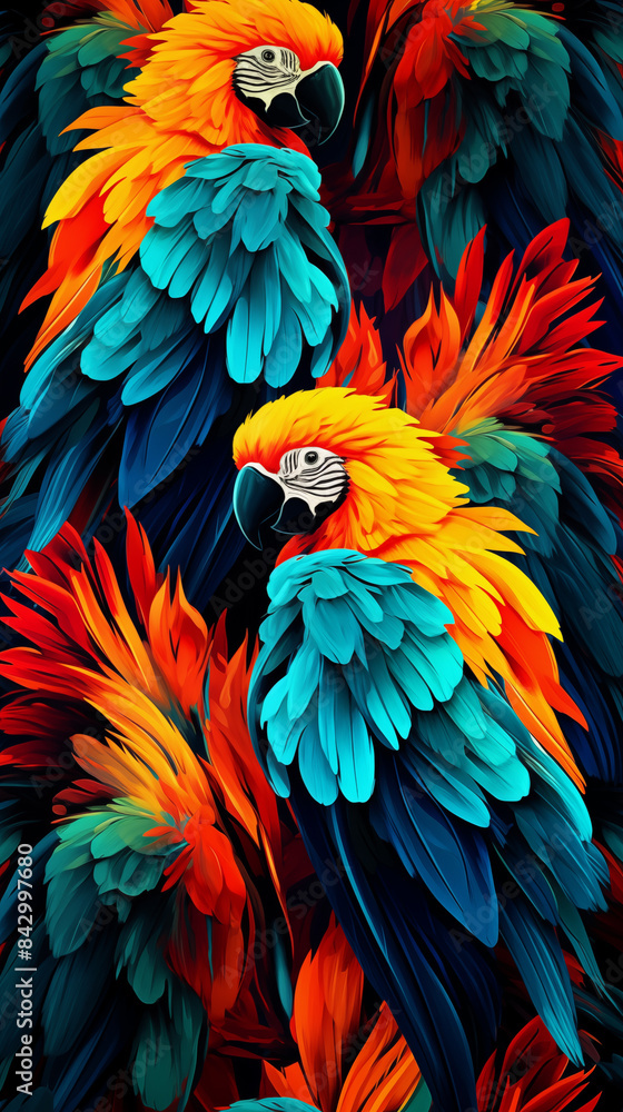 Obraz premium Macaws Abstract Image Pattern Background, Texture, Wallpaper, Background, Cell Phone Cover and Screen, Smartphone, Computer, Laptop, 9:16 Format - PNG