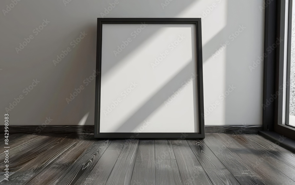 Realistic 3D render of a black wooden frame poster mockup showcasing intricate details, placed on the floor Realistic 3D render of a black wooden frame poster mockup showcasing intricate details, placed on the floor