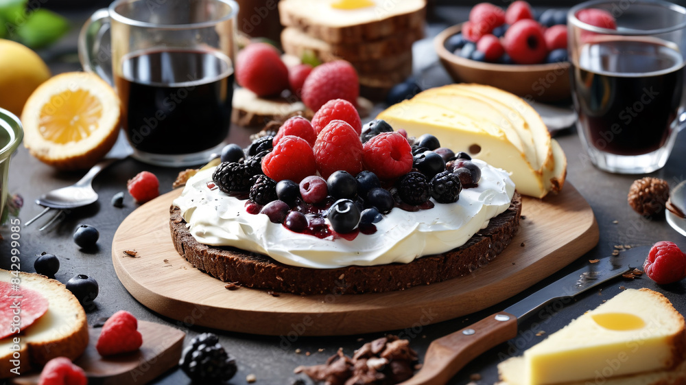 Morning Spread: Enjoy a Breakfast with Dark Bread, Smoked Ham, Cheese, and Fresh Berries, Generative AI Morning Spread: Enjoy a Breakfast with Dark Bread, Smoked Ham, Cheese, and Fresh Berries, Generative AI