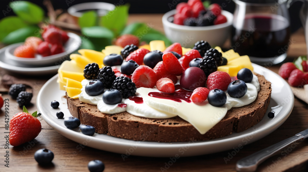 Morning Spread: Enjoy a Breakfast with Dark Bread, Smoked Ham, Cheese, and Fresh Berries, Generative AI Morning Spread: Enjoy a Breakfast with Dark Bread, Smoked Ham, Cheese, and Fresh Berries, Generative AI
