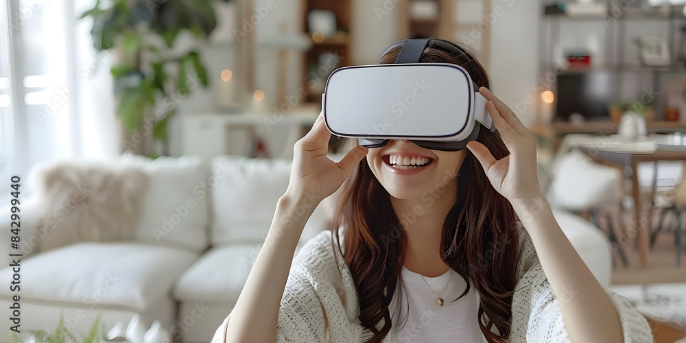 A woman happily using VR glasses in a cozy white living room. Concept Technology, Virtual Reality, Lifestyle, Leisure, Happiness A woman happily using VR glasses in a cozy white living room. Concept Technology, Virtual Reality, Lifestyle, Leisure, Happiness