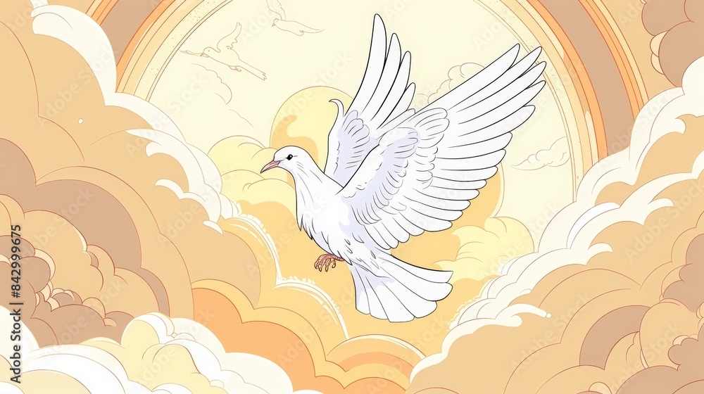 A white dove in flight against a backdrop of golden clouds and sunrays A white dove in flight against a backdrop of golden clouds and sunrays