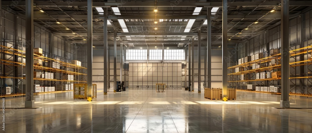 Warehousing visualized with a modern facility featuring hightech storage and inventory management systems Warehousing visualized with a modern facility featuring hightech storage and inventory management systems