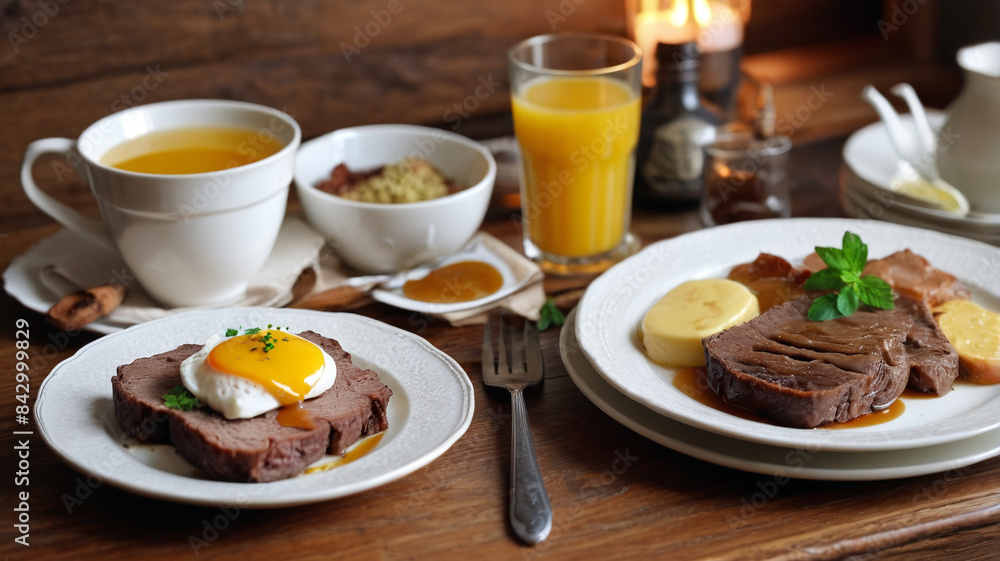 Delight in a Breakfast with Marinated Roast, Local Beer, Small Rye Rolls, and Spiced Mustard, Generative AI Delight in a Breakfast with Marinated Roast, Local Beer, Small Rye Rolls, and Spiced Mustard, Generative AI