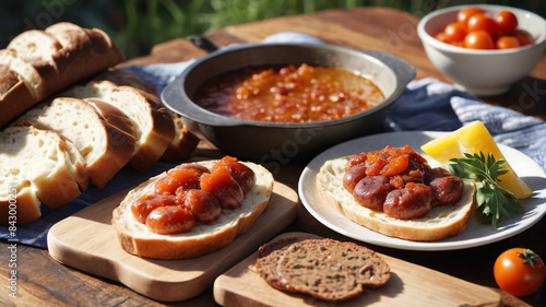 Essence of Australia with Traditional Bread, Kangaroo Sausages, Bush Tomato Relish, and Billy Tea, Generative AI photo