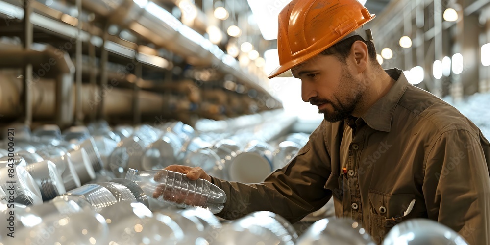 Engineer inspecting plastic bottle at recycling facility. Concept ...