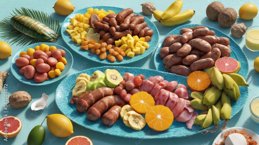 Great Barrier Reef Breakfast Bounty: Feast on a Great Barrier Reef-Inspired Breakfast with Tropical Fruit Platter, Crocodile Sausages, and Coconut Water, Generative AI