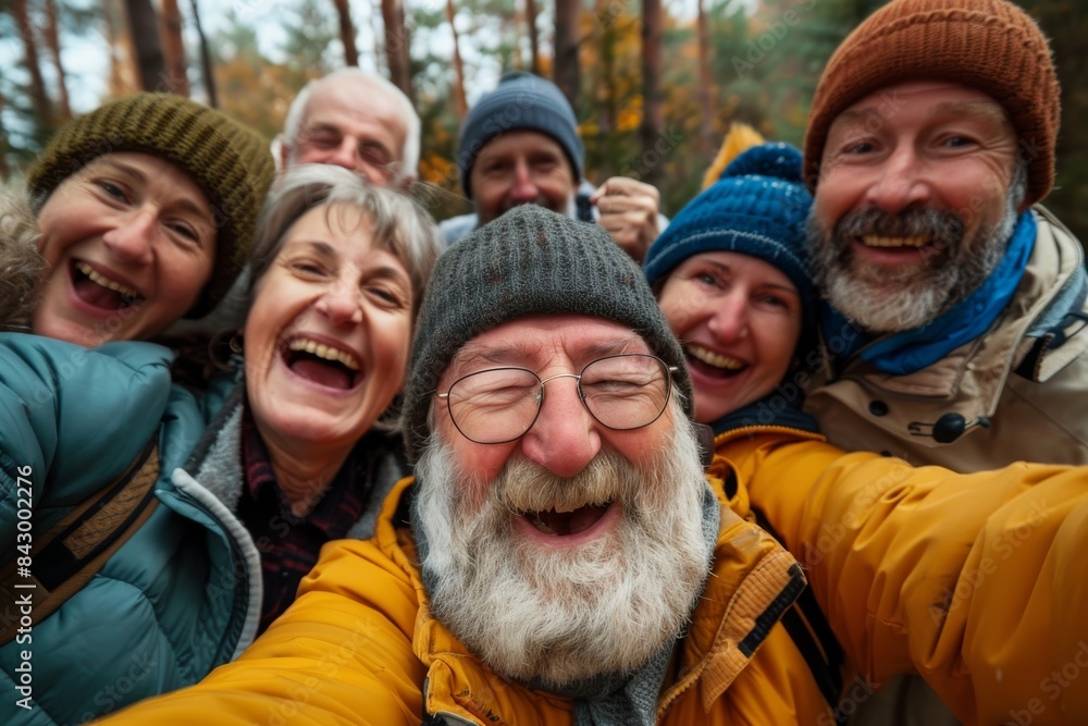 Group of senior friends having fun together in the forest. They are laughing and having fun. Group of senior friends having fun together in the forest. They are laughing and having fun.
