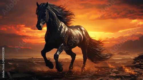 generated illustration of black horse running on beach at sunset silhouette