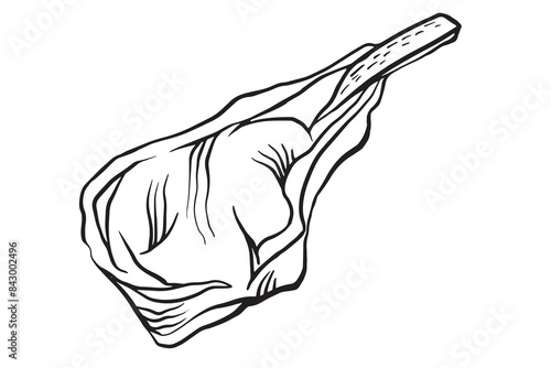 steak tomahawk, Raw fresh meat cut from beef, lamb and pork. Vector Hand drawn outline illustration for meat shop, Butchery, market, barbecue, grill, picnic, restaurant, banner, sticker, menu design.