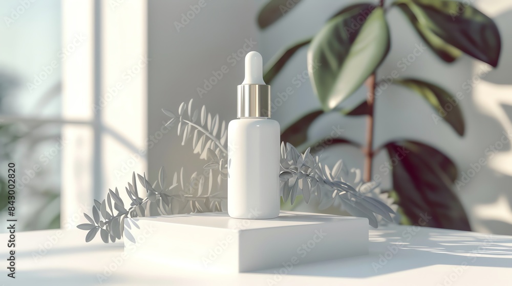 Minimalist Beauty Serum Bottle on White Background with Soft Light Minimalist Beauty Serum Bottle on White Background with Soft Light