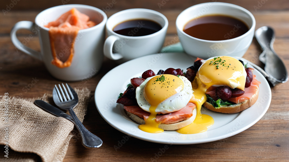 Alaska with a Breakfast of Smoked Salmon Eggs Benedict, Reindeer Sausage, Wild Berry Jam, and a Hot Cup of Alaskan Roast Coffee, Generative AI Alaska with a Breakfast of Smoked Salmon Eggs Benedict, Reindeer Sausage, Wild Berry Jam, and a Hot Cup of Alaskan Roast Coffee, Generative AI