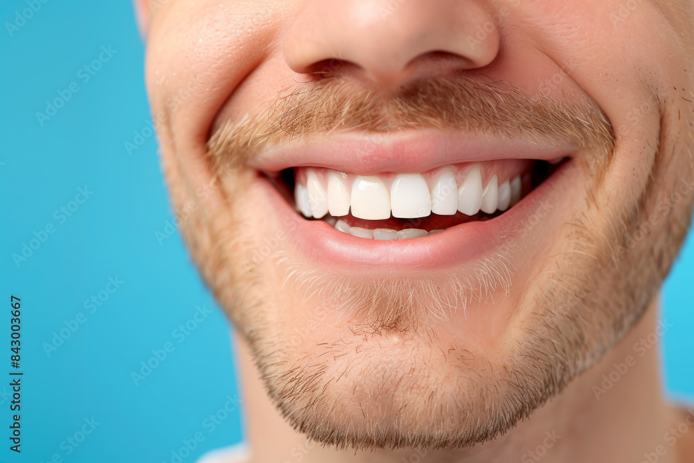 Fototapeta premium Close up white masculine teeth, healthy man smile mouth. Dental clinic patient, teeth whitening illustration, healthy gums banner, stomatology ad concept, space for your text.