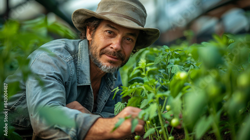 Happy senior farmer in a greenhouse, nurturing seedlings, embodying organic gardening and a fulfilling retirement