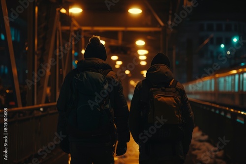 Back view of two young men with backpacks walking on the bridge at night