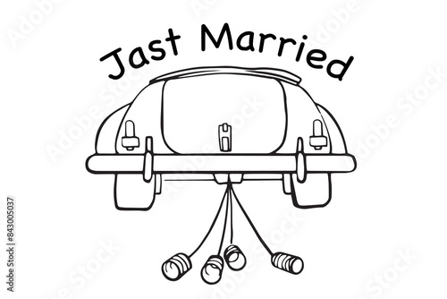 car behind with tied cans, symbol of newlyweds, just got married inscription. Linear vector sketch illustration for posters, advertisements, car stickers. Wedding, new family life, lived happily ever