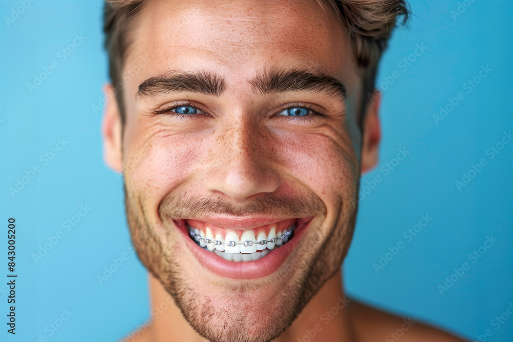 Close up white masculine teeth with braces, healthy man smile mouth. Dental clinic patient, correction bite illustration, teeth straight row, stomatology orthodontist ad concept, space for your text. Close up white masculine teeth with braces, healthy man smile mouth. Dental clinic patient, correction bite illustration, teeth straight row, stomatology orthodontist ad concept, space for your text.