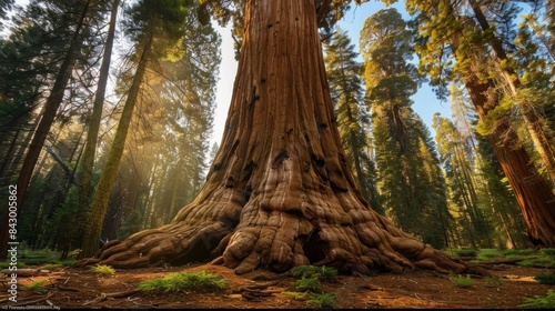 A giant sequoia tree with its towering trunk and thick foliage