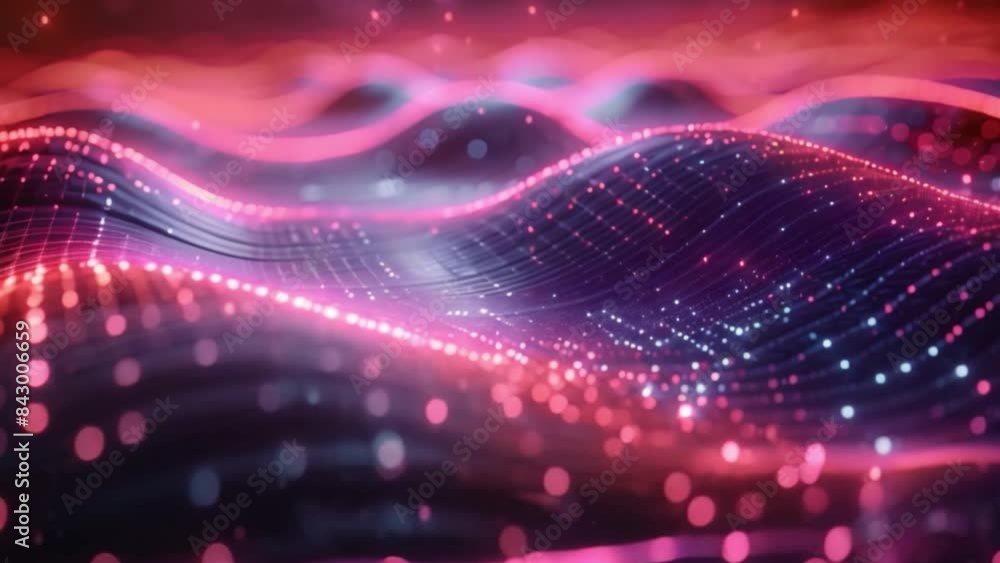 A close-up image of a digitally generated wavy pattern with glowing pink and blue lights. A close-up image of a digitally generated wavy pattern with glowing pink and blue lights.