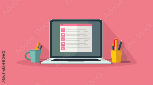 laptop and books with check mark and with a pink background