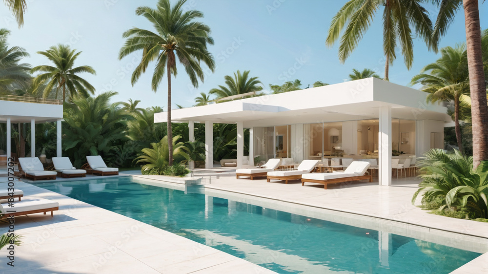 Fototapeta premium Resort Retreat Banner: Transport Yourself to a Tropical Paradise with a Gorgeous Pool Scene Featuring a Palm Tree and White Architecture, Generative AI