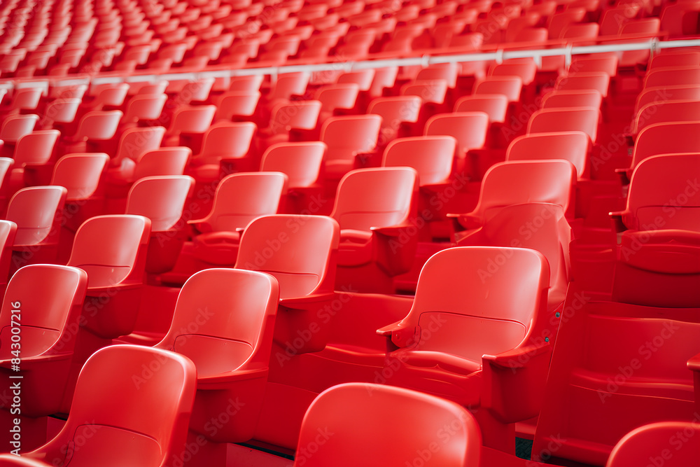 Naklejka premium Football stadium with empty seats. Outstanding empty red plastic chair at soccer arena. Row of unoccupied bench at sports stadium