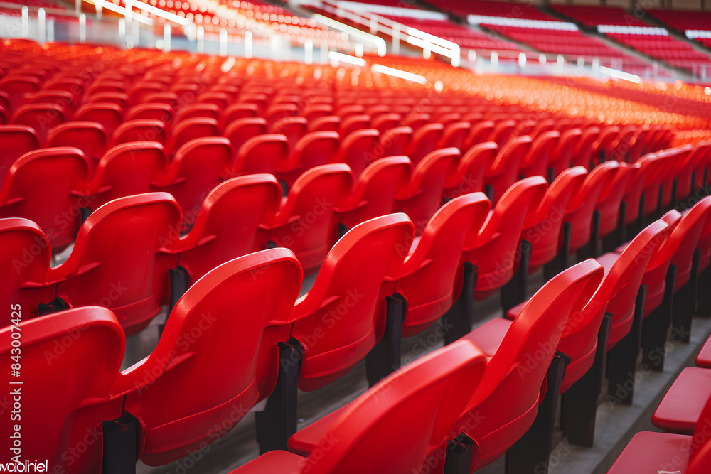 Naklejka premium Football stadium with empty seats. Outstanding empty red plastic chair at soccer arena. Row of unoccupied bench at sports stadium