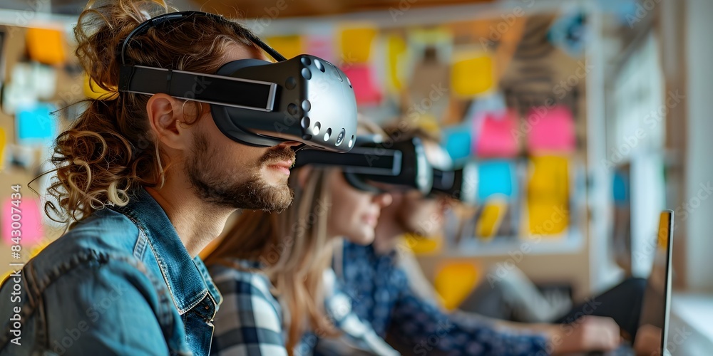 Team uses VR headset to brainstorm and visualize ideas in virtual reality. Concept Virtual Reality, Brainstorming, Team Collaboration, Technology, Visualization Team uses VR headset to brainstorm and visualize ideas in virtual reality. Concept Virtual Reality, Brainstorming, Team Collaboration, Technology, Visualization