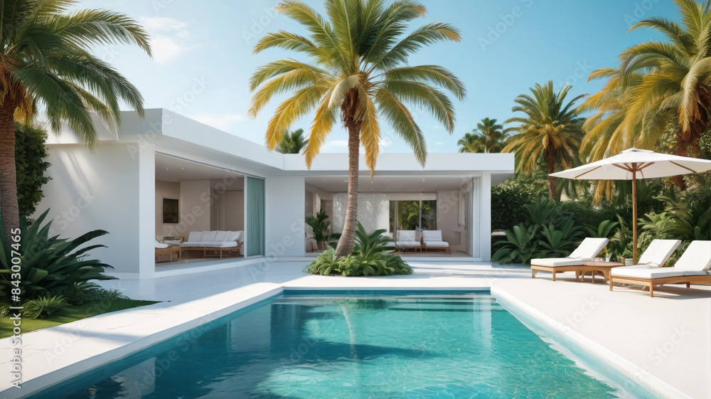 Poolside Paradise Banner: Immerse Yourself in a Poolside Paradise with a Breathtaking View of a Palm Tree and White Structure, Generative AI Poolside Paradise Banner: Immerse Yourself in a Poolside Paradise with a Breathtaking View of a Palm Tree and White Structure, Generative AI