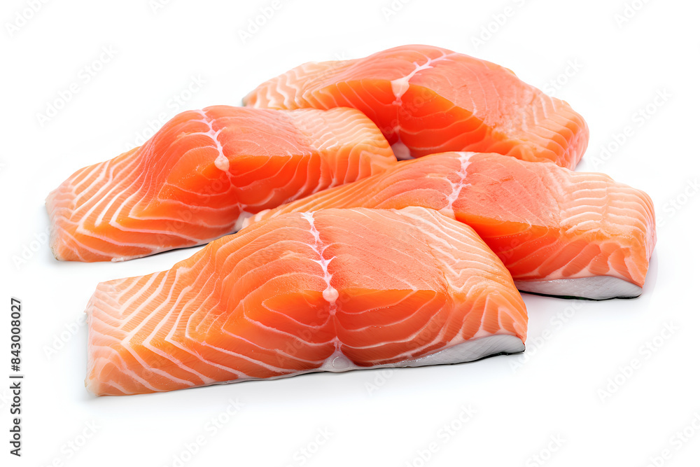 Fresh salmon steak isolated on the white background. Salmon Red Fish Steak. Large Pile of trout steak. Big organic steaks of salmon lined up. Big pieces raw salmon. Fresh salmon steak isolated on the white background. Salmon Red Fish Steak. Large Pile of trout steak. Big organic steaks of salmon lined up. Big pieces raw salmon.