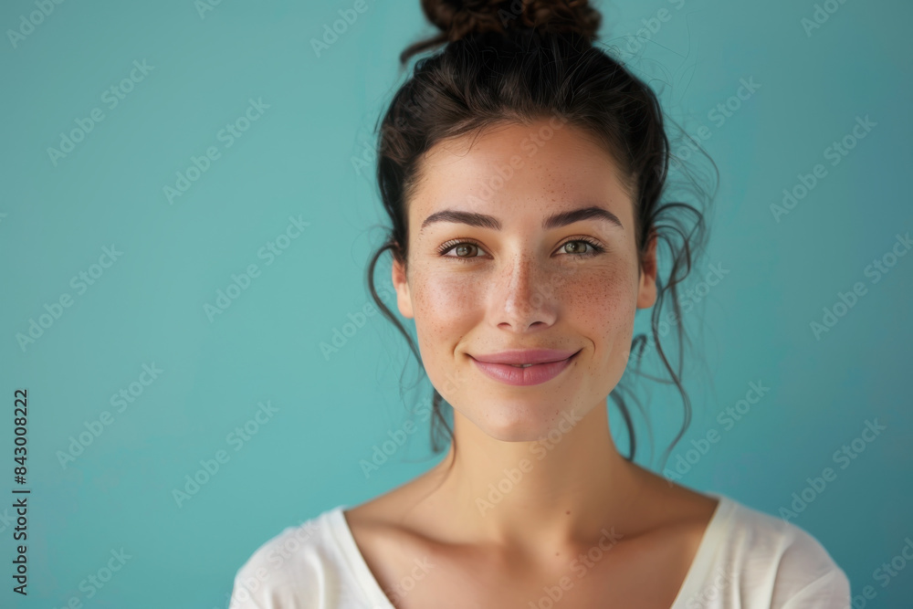 A close up portrait of a young woman with a subtle smile A close up portrait of a young woman with a subtle smile