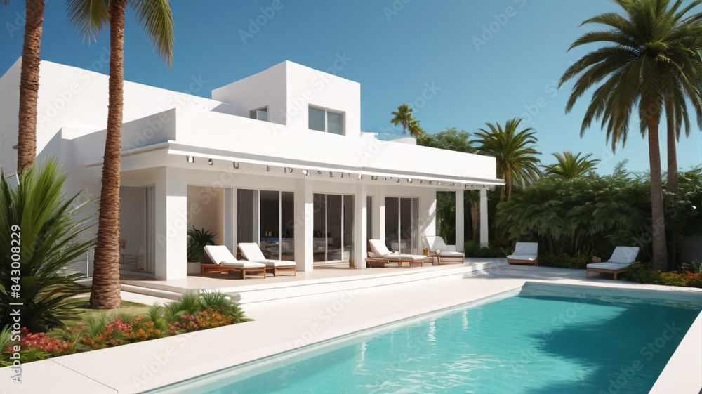 Fototapeta premium Tranquil Poolside Banner: Find Tranquility by the Poolside with a Beautiful View of a Palm Tree and White Building, Ideal for Summer Travel, Generative AI