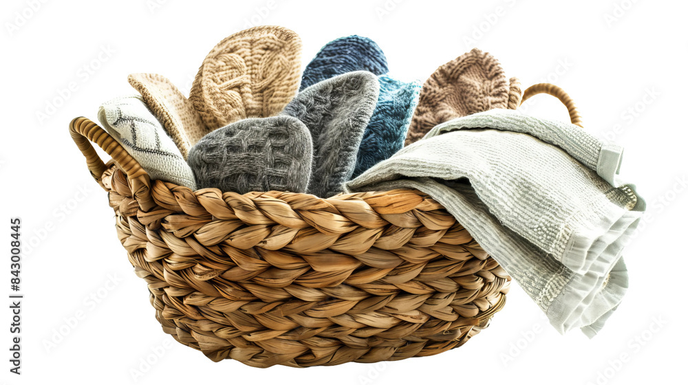 Obraz premium woven basket filled with kitchen linens such as tea towels and oven mitts