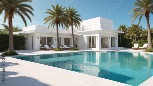 Tranquil Poolside Banner: Find Tranquility by the Poolside with a Beautiful View of a Palm Tree and White Building, Ideal for Summer Travel, Generative AI © 4K_Heaven