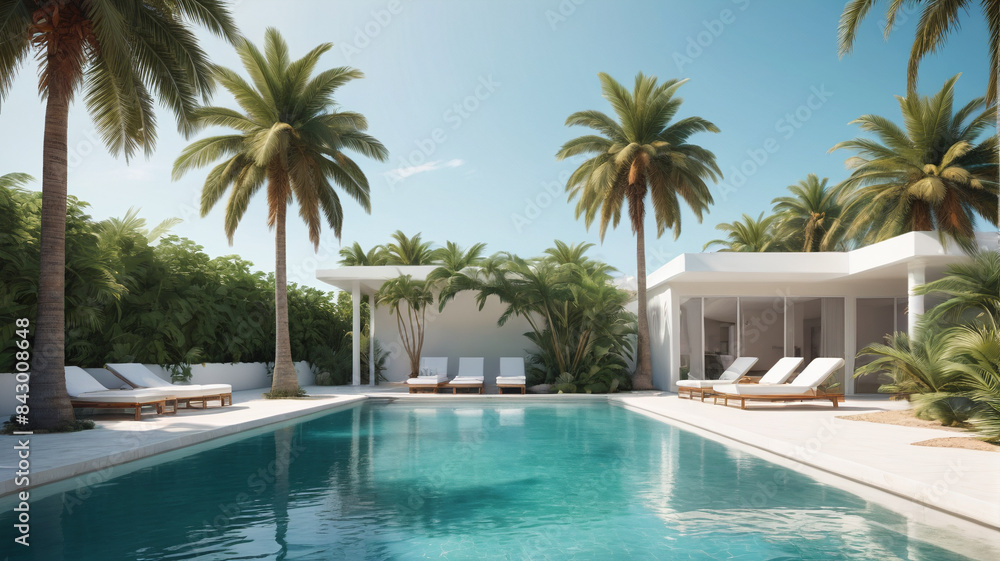 Summer Haven Banner: Discover Your Haven of Relaxation with a Stunning Pool Scene Highlighting a Palm Tree and White Structure, Generative AI